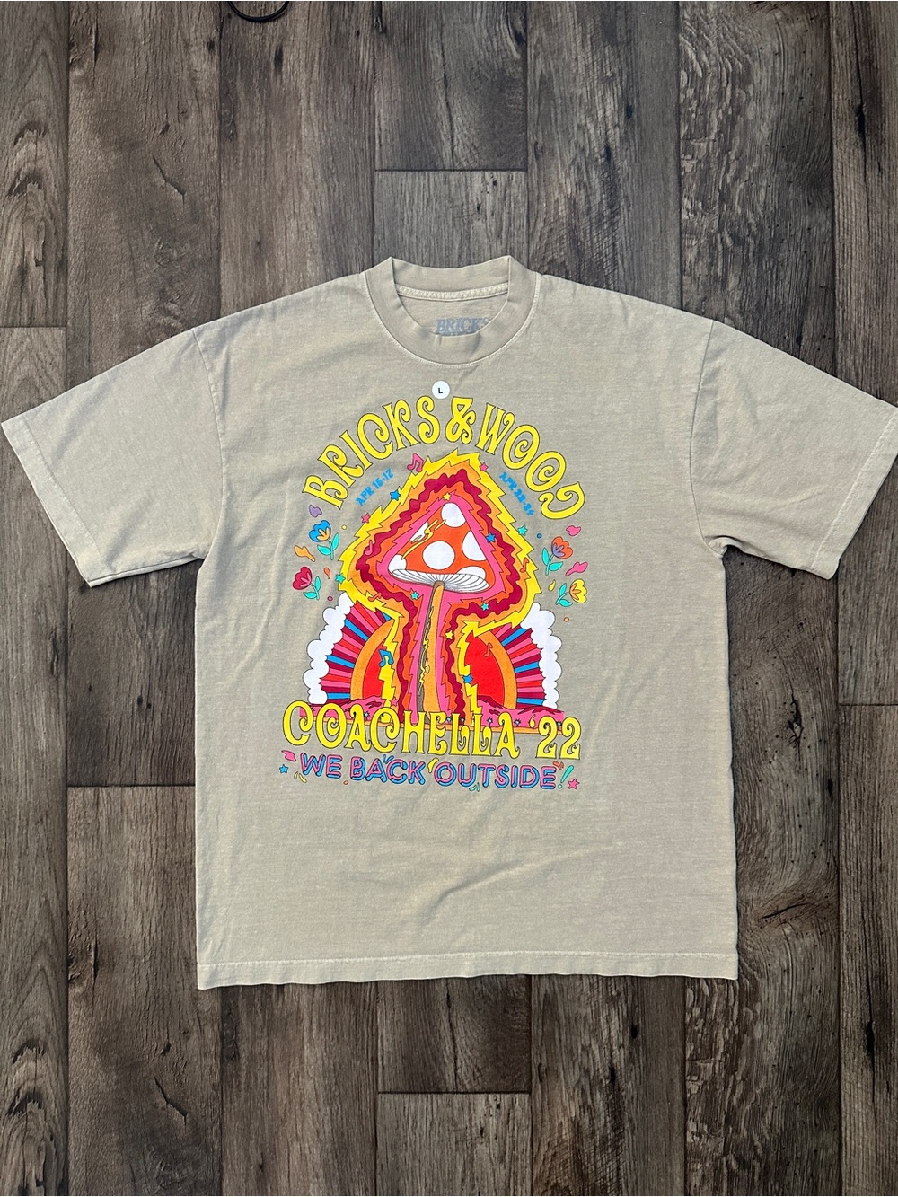 Limited Edition Coachella Festival Bricks & Wood Graphic T-Shirt Size L Tan